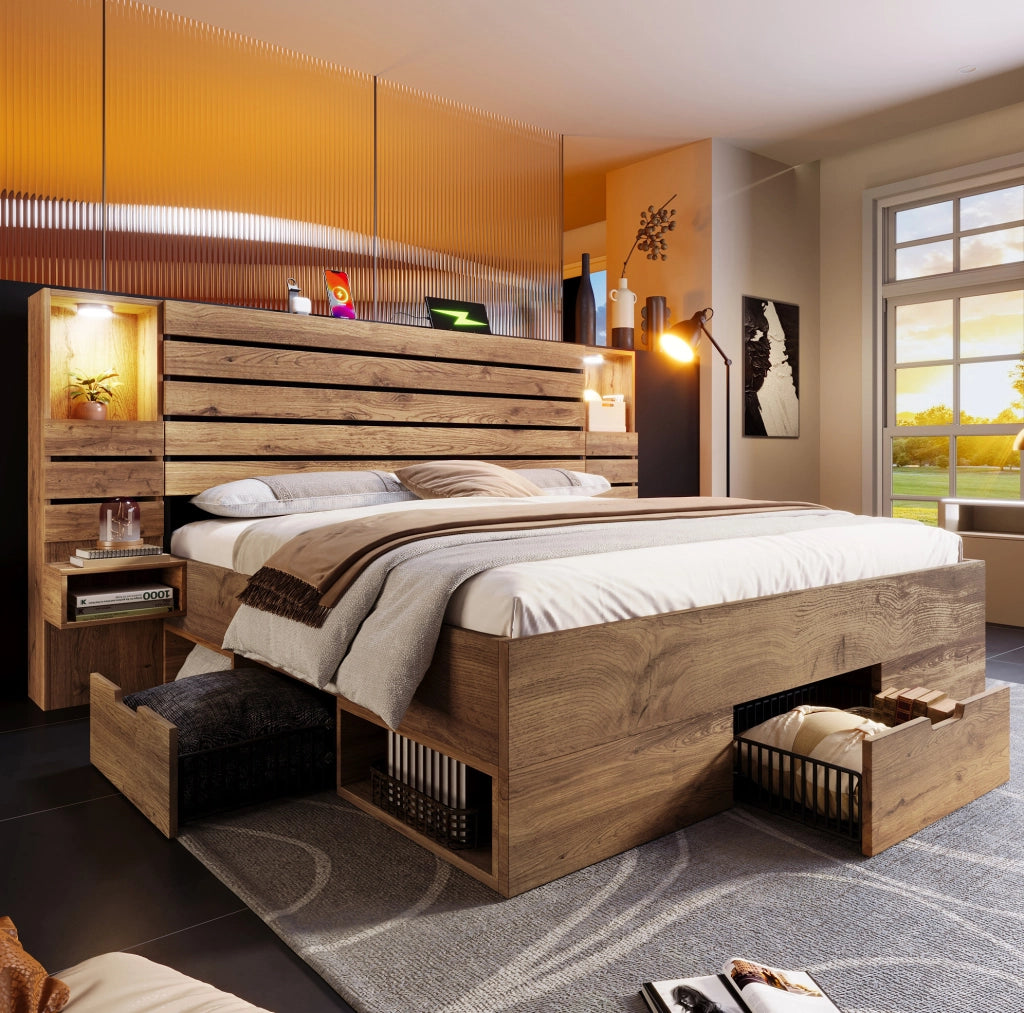 LETTO Matrimoniale 180x200 cm con LED, USB e Type-C Rovere