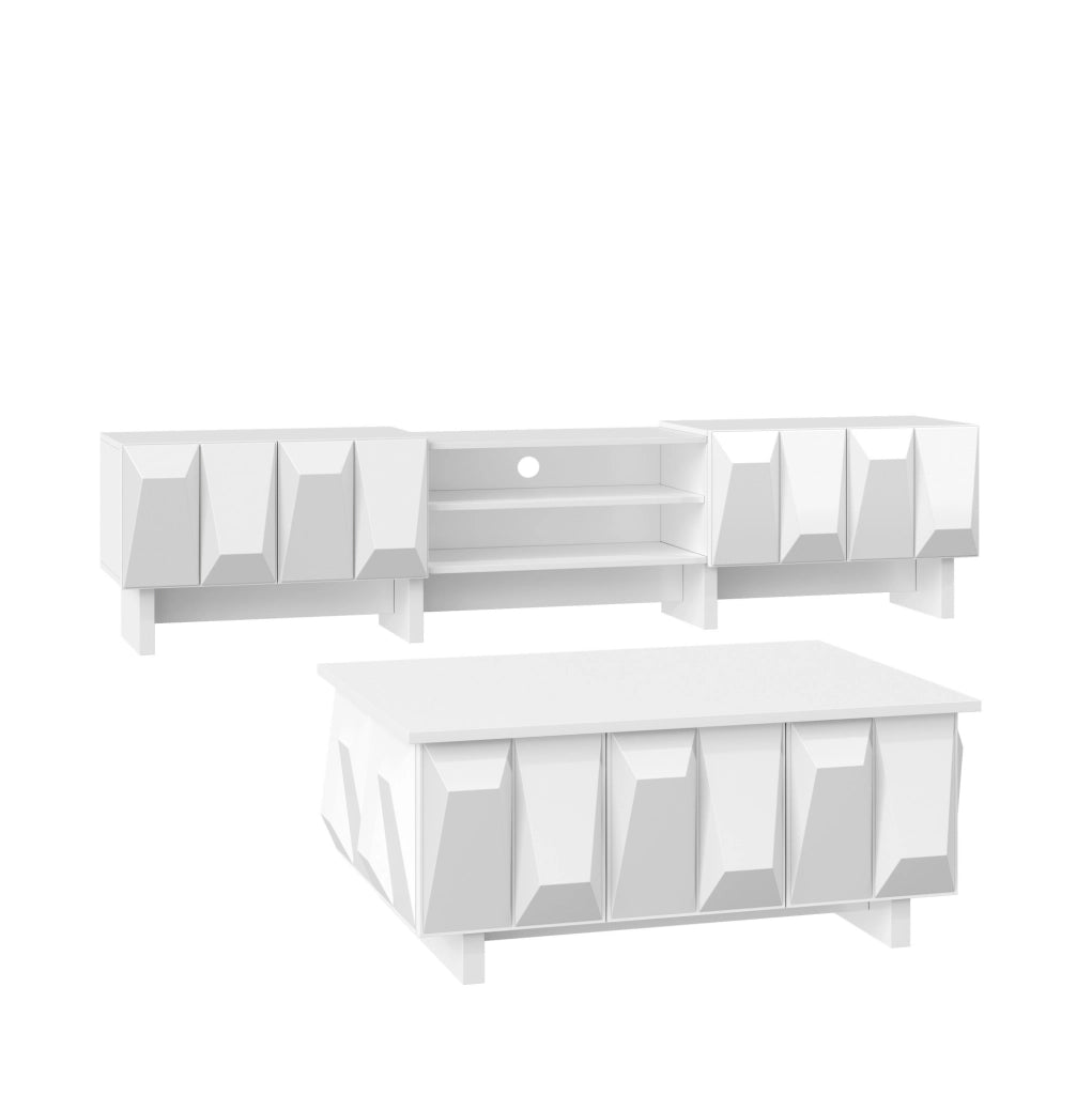 Set soggiorno bianco con mobile TV e tavolino, decoro a rombi