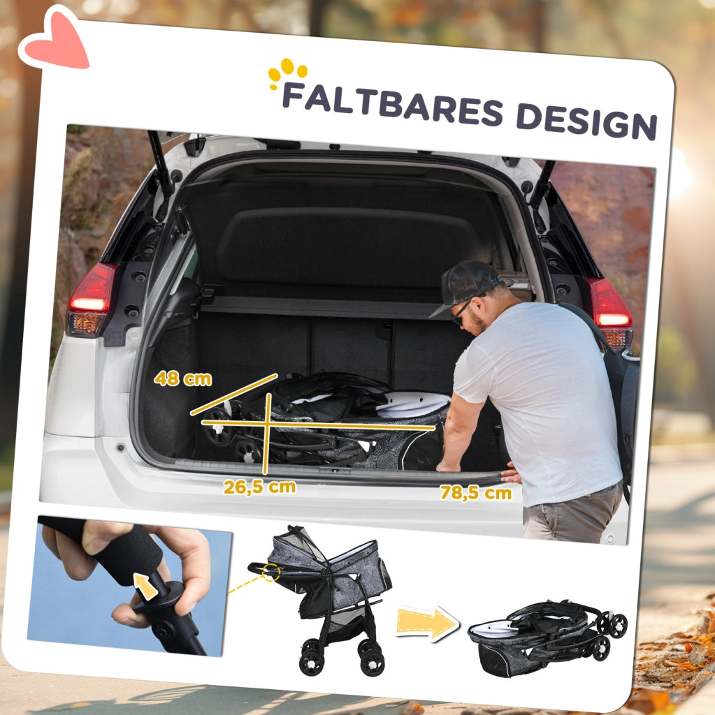 Passeggino pieghevole per cani e gatti con freni, nero