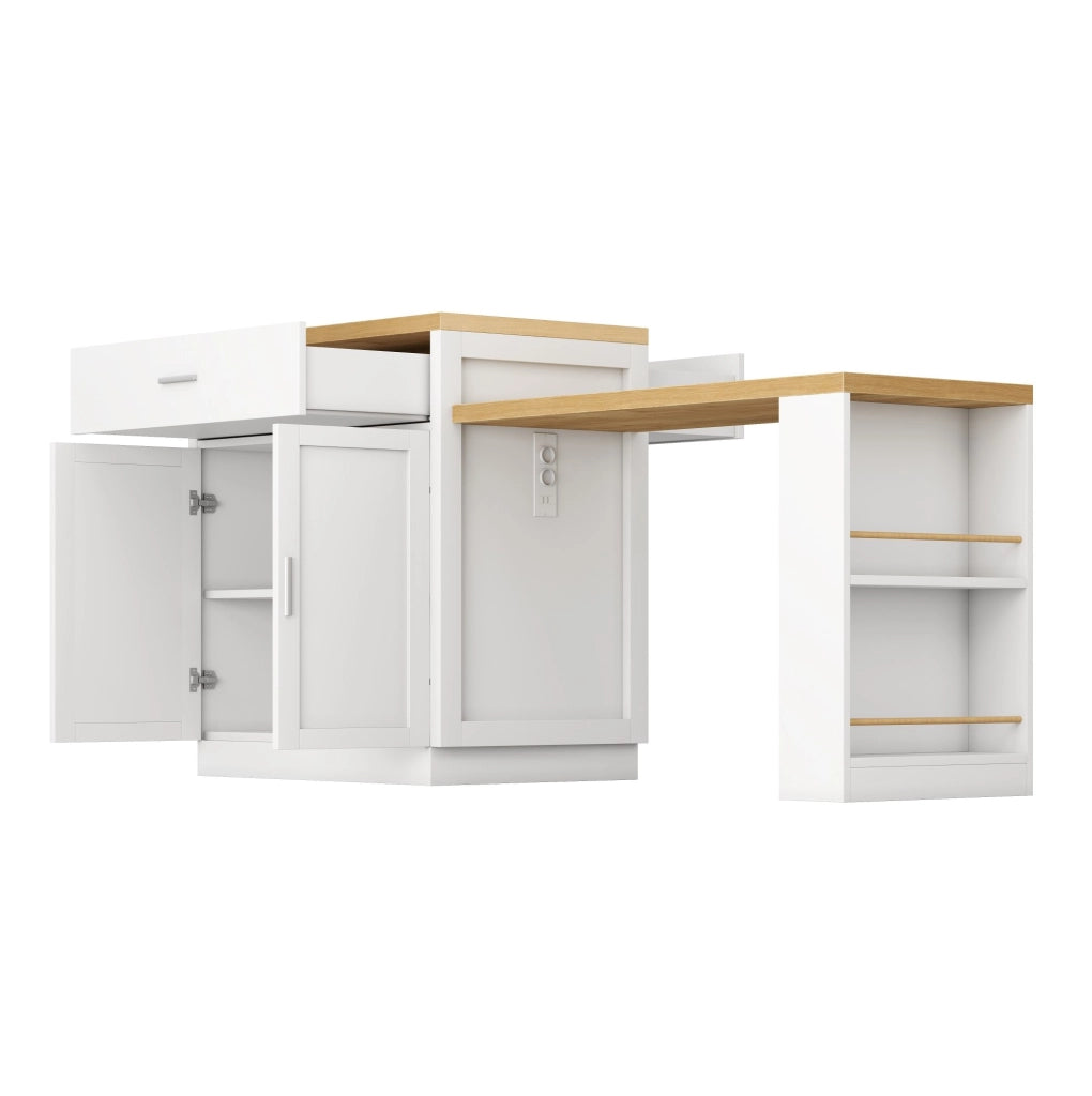 Isola cucina bianca con tavolo estraibile, prese USB e vani