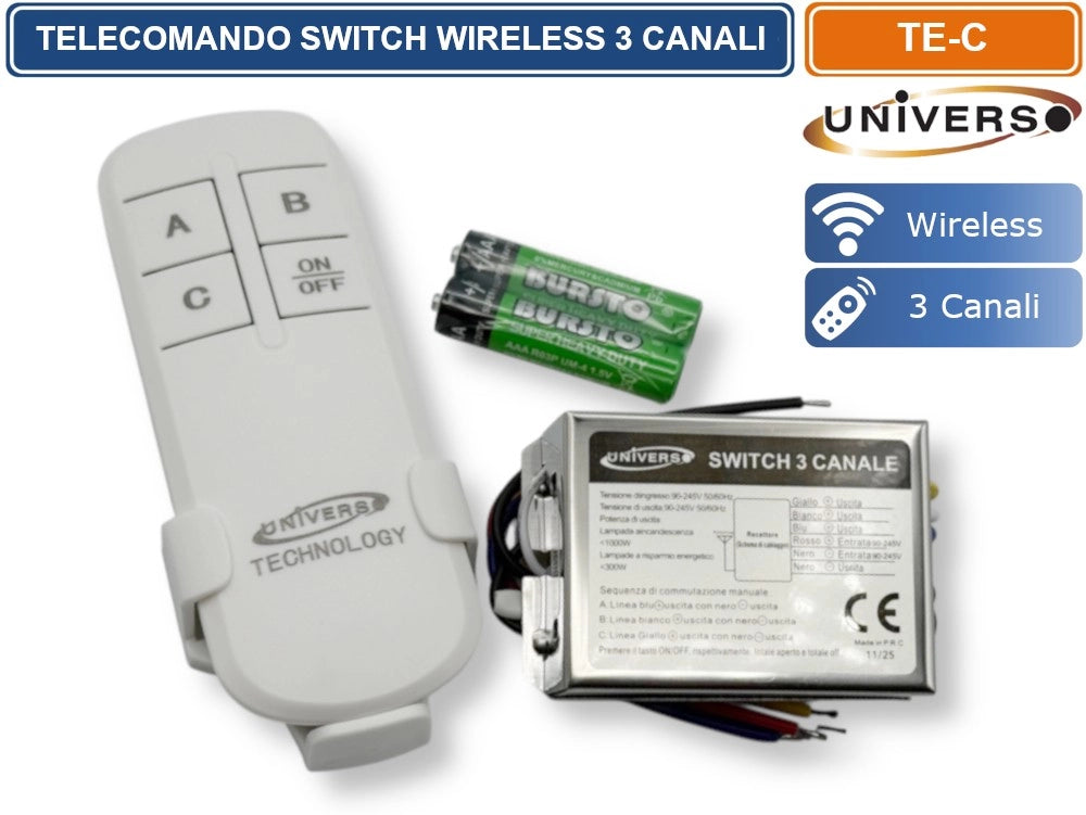 UNIVERSO TE-C TELECOMANDO WIRELESS SWITCH 3 CANALI ON/OFF PORTATA FINO A 100 M