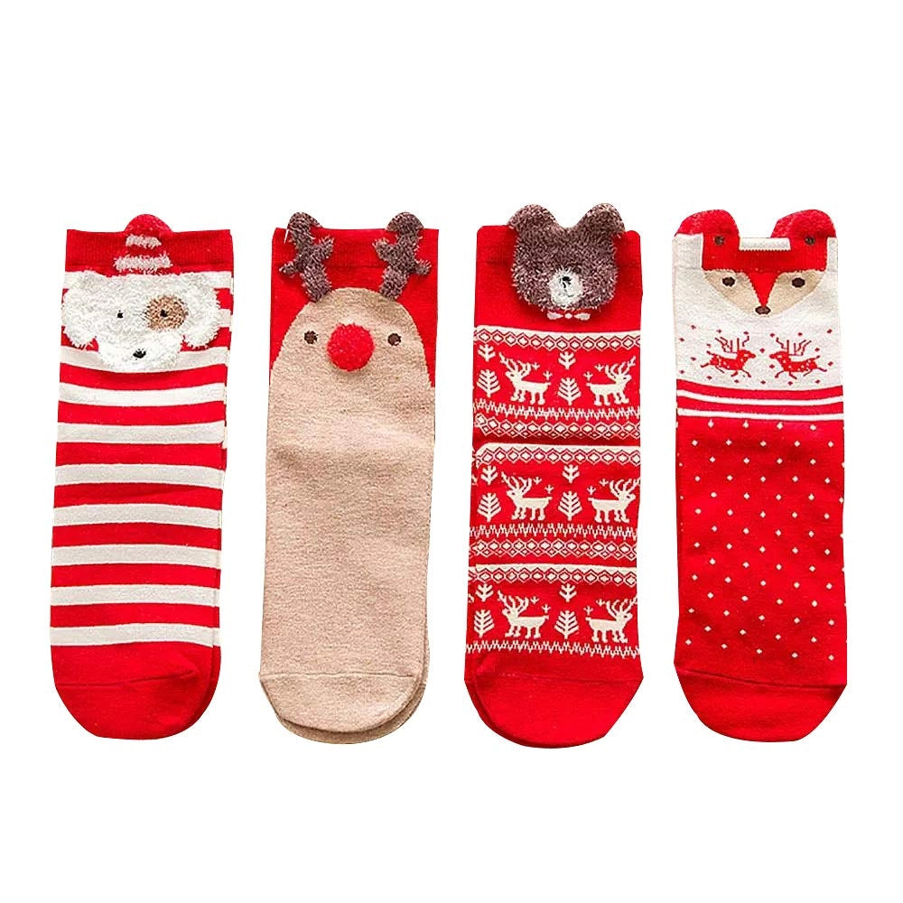 4 paia di calze natalizie da donna, con motivi a tema cartone animato, colore rosso, taglia unica