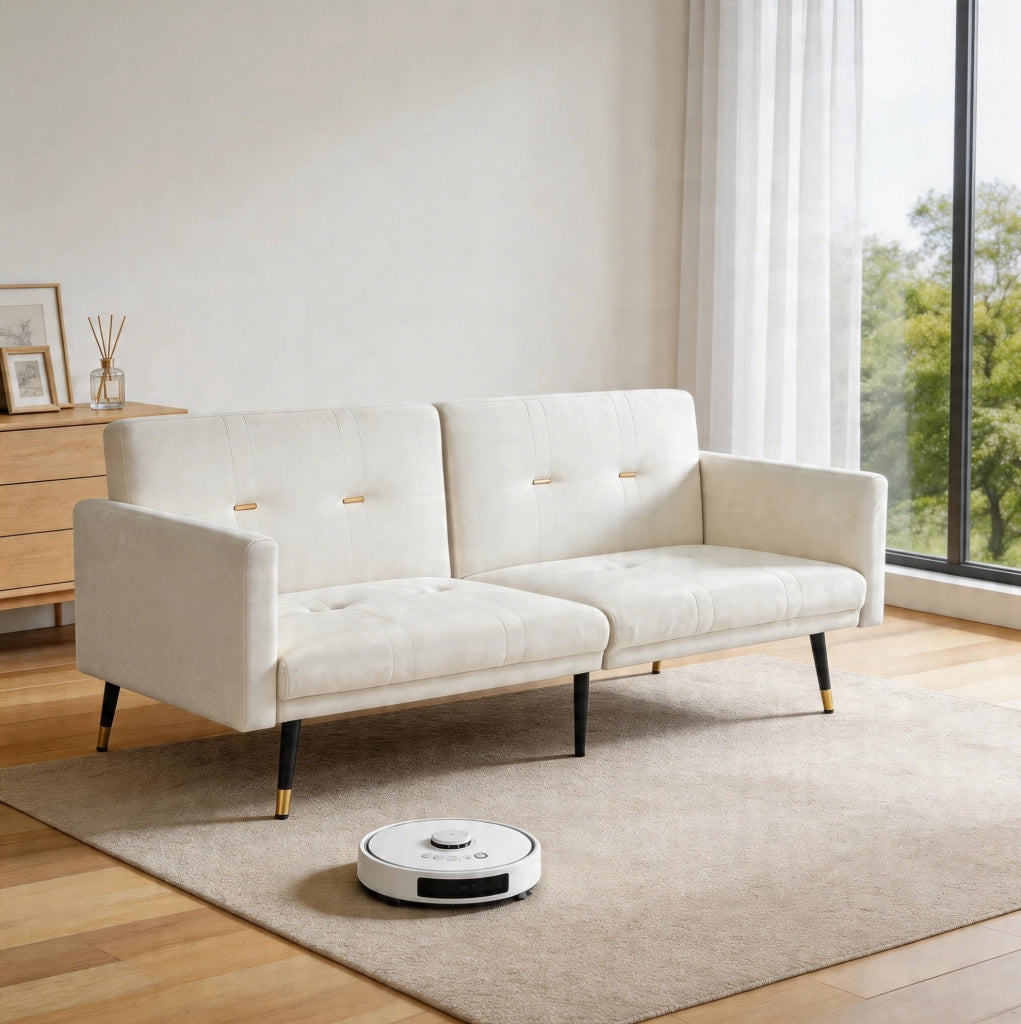 Divano letto 2 posti in velluto beige, schienali regolabili