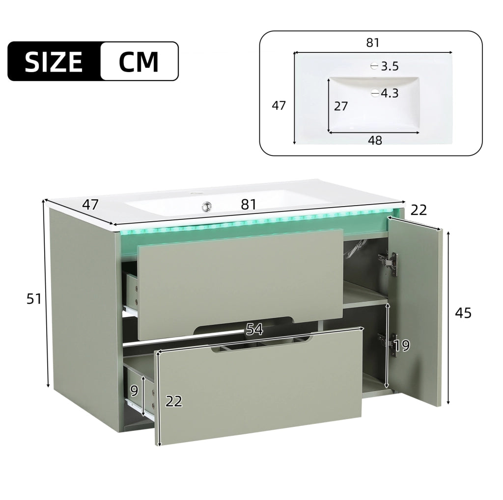 Mobile bagno sospeso 81 cm verde con lavabo in ceramica e illuminazione LED