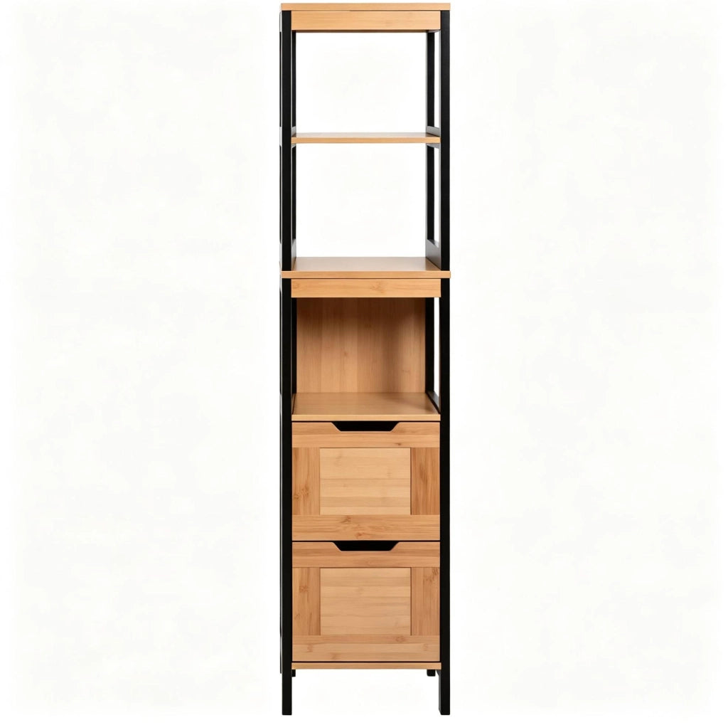 Colonna bagno 30x30x144,3 cm bambù nero, con 2 cassetti