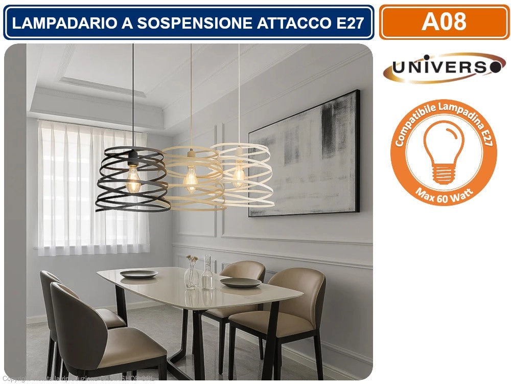 LAMPADARIO MODERNO A SOSPENSIONE CON PARALUME IN METALLO TRAFORATO A VORTICE ATTACCO E27 BIANCO NERO TORTORA - Colore Struttura:Bianco