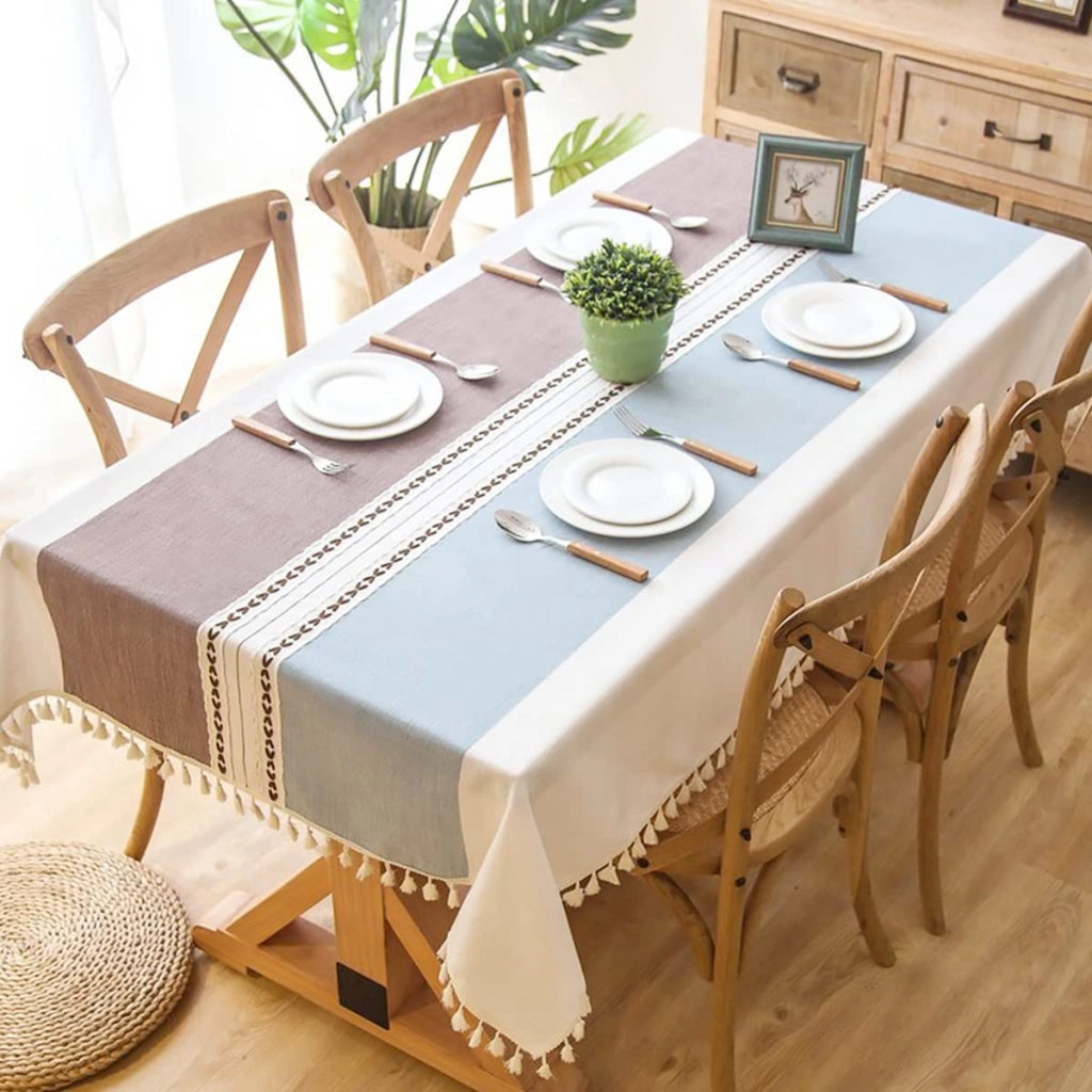 Tovaglia 140x220 cm, cotone e lino, con frange, motivo a righe blu e marrone