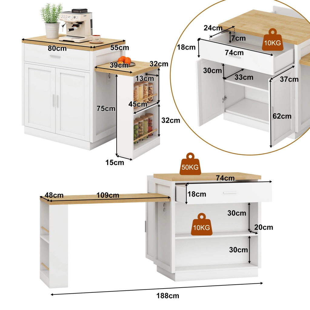 Isola cucina bianca con tavolo estraibile, prese USB e vani