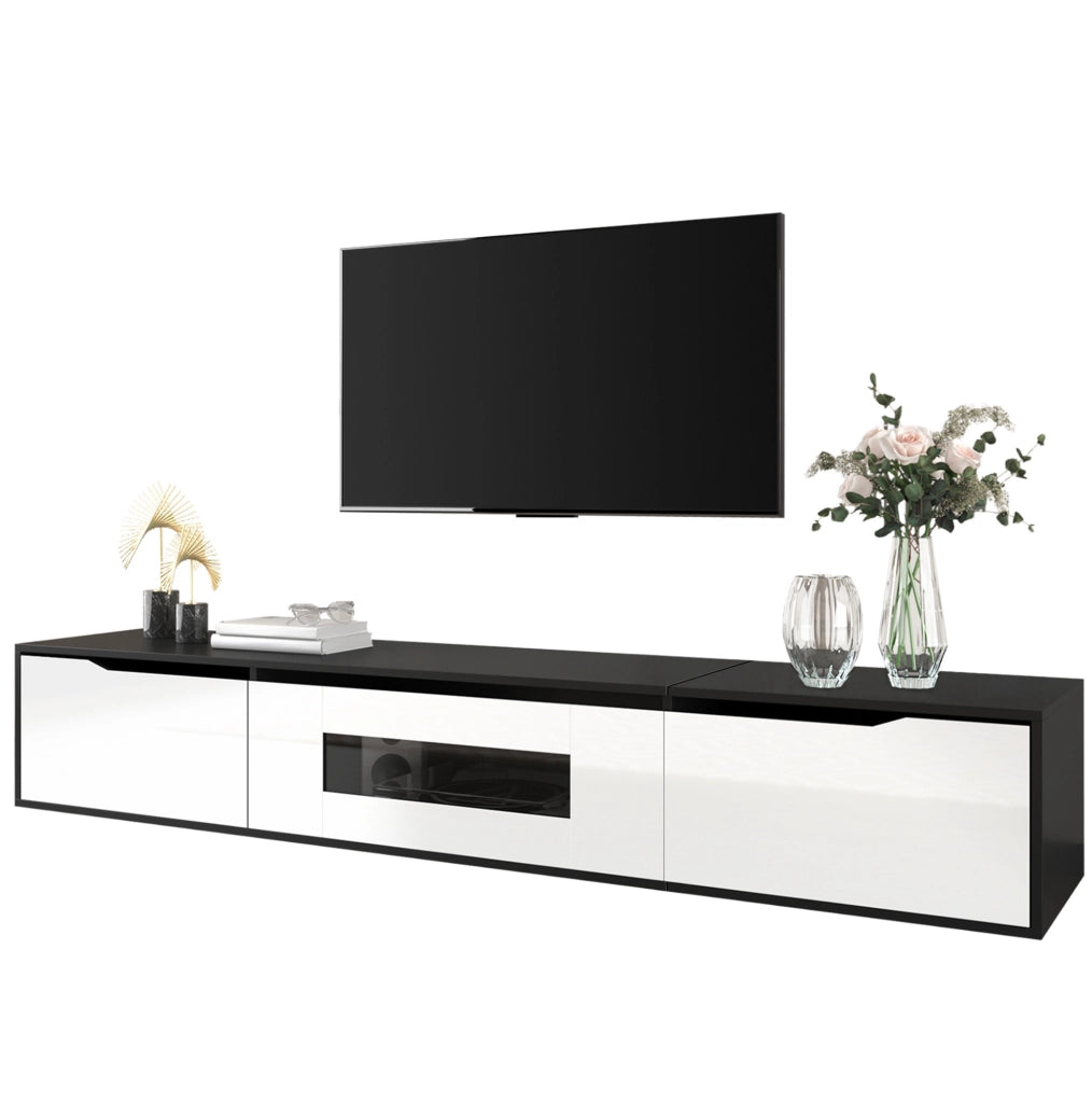 Mobile TV 180x35x30 cm MDF nero/bianco lucido LED USB parete/pavimento