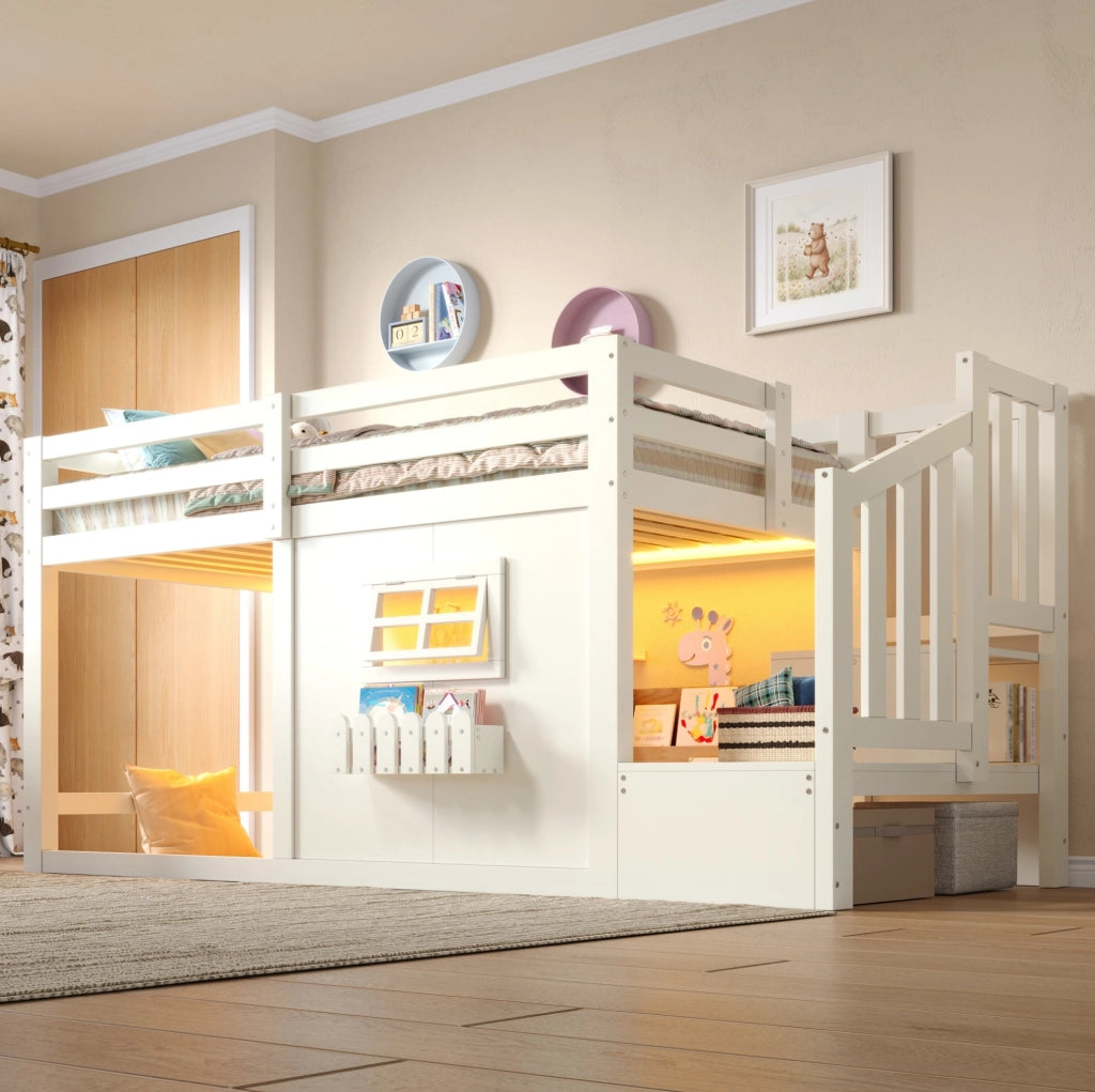 Letto a soppalco 90x200 cm con scala contenitore e LED