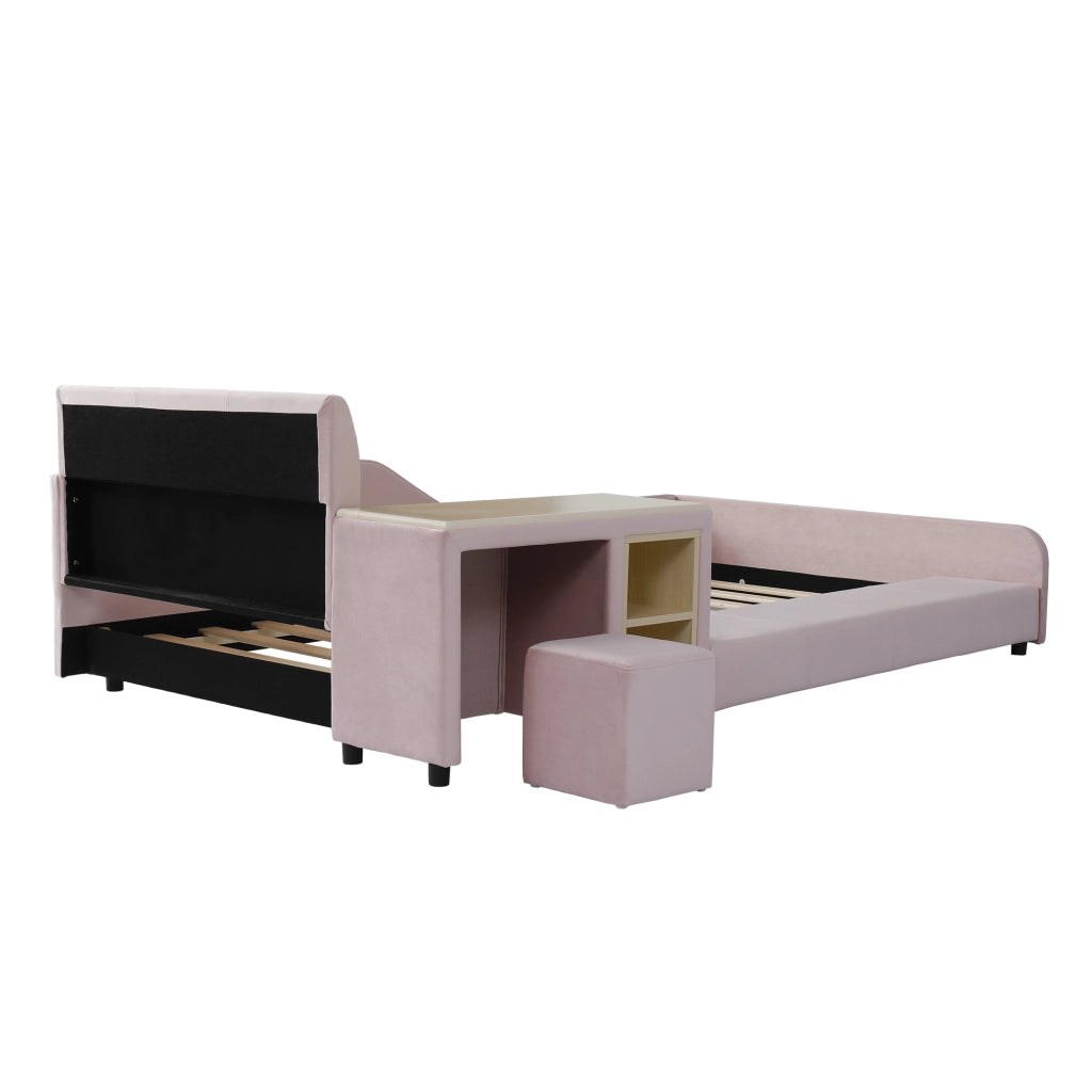 Letto singolo 90x200 con scrivania e sgabello; imbottito in velluto rosa con ripiano per cameretta