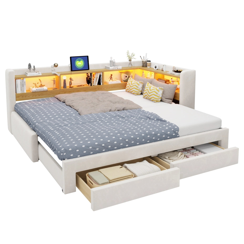 Divano letto 3 in 1 beige e grigio 90x200 cm con LED e presa