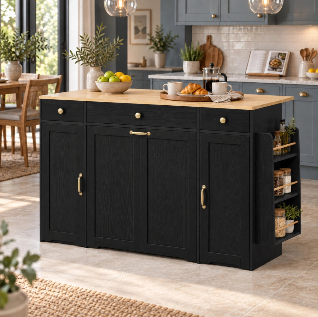 Credenza in MDF con 3 cassetti e piano color legno, nera