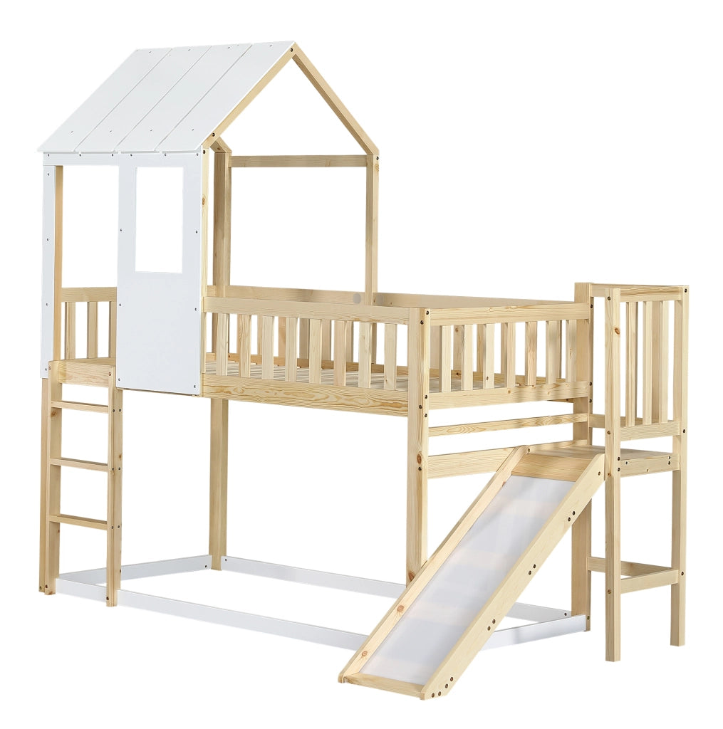 Letto a castello per bambini 90x200 cm con scivolo, scala e tetto in pino naturale e bianco per cameretta, senza materasso