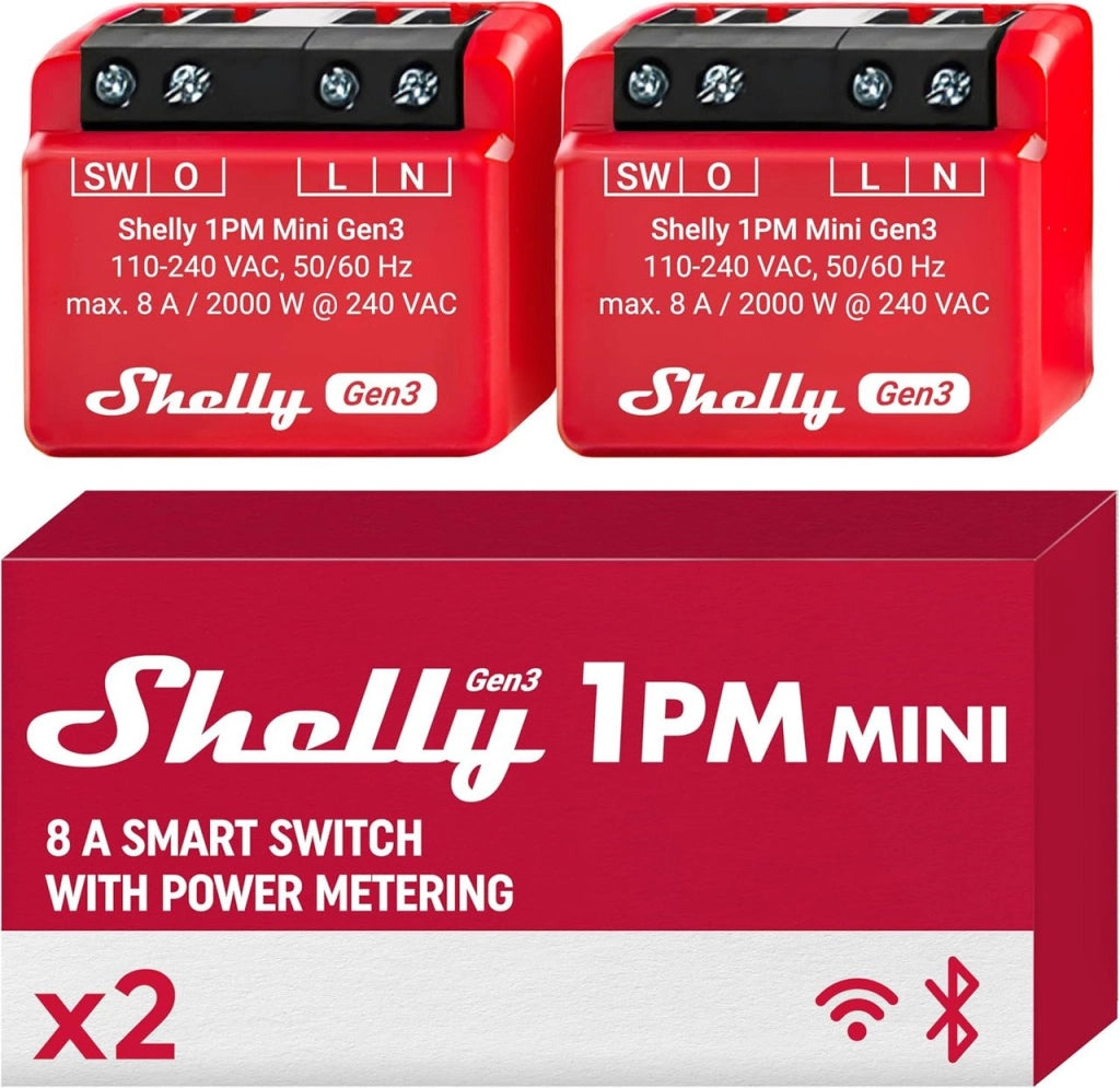 Shelly 1PM Mini Gen3 Kit 2 Pezzi, Interruttore Smart WiFi con Misurazione Consumi, Controllo Remoto da App, Compatibile Alexa e Google Home, Design Compatto