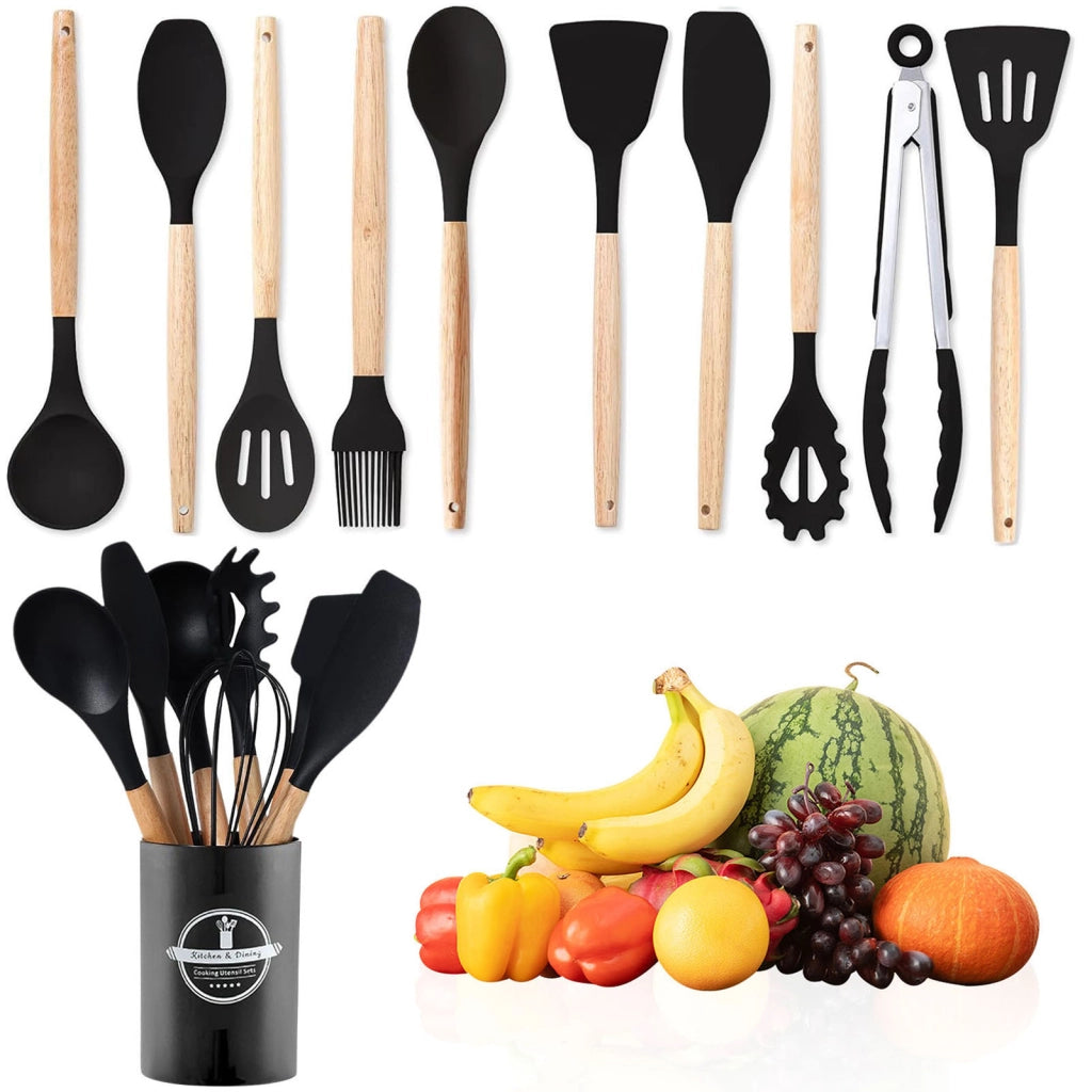 Set di 12 utensili da cucina in silicone nero con supporto