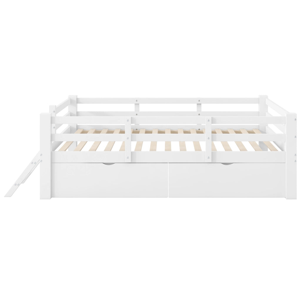 Letto singolo per bambini 90x200 cm con sponde e 2 cassetti in MDF e compensato bianco