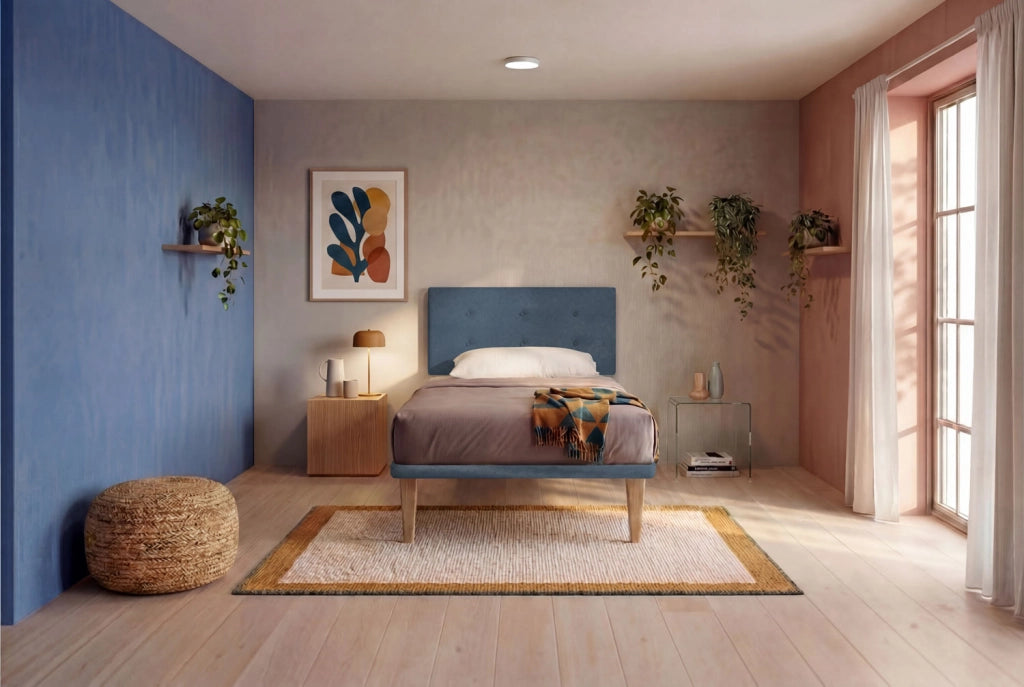 Letto 1 Piazza e Mezza con Rete Rivestita 120x190 cm Microfibra Blu Tessis Testata Button