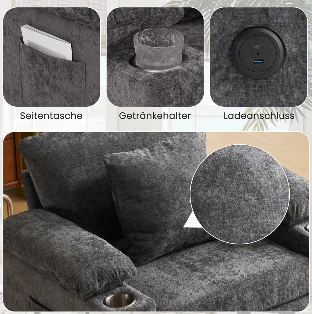 Divano trasformabile grigio scuro con pouf, porta USB e vani contenitori