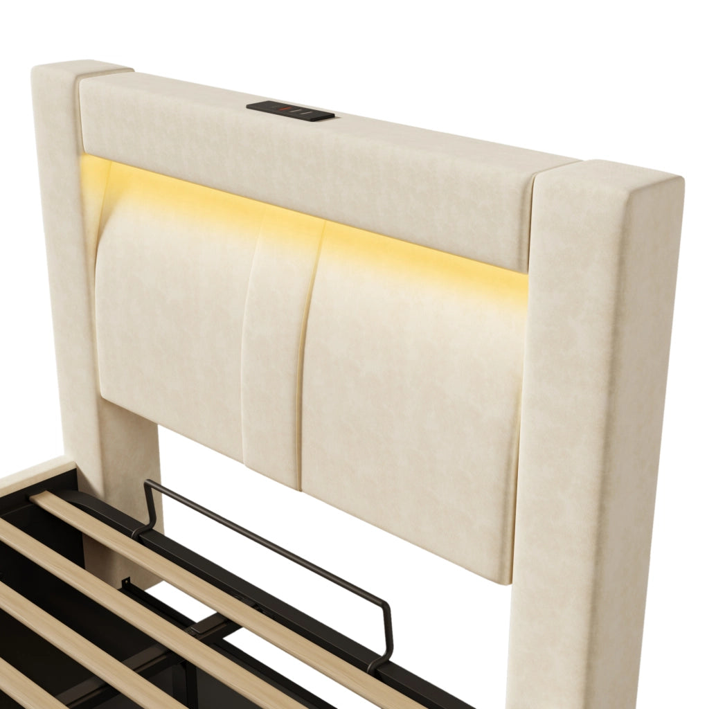 Letto contenitore singolo 90x200 cm in velluto beige, con contenitore idraulico, LED, USB e Type-C, con materasso