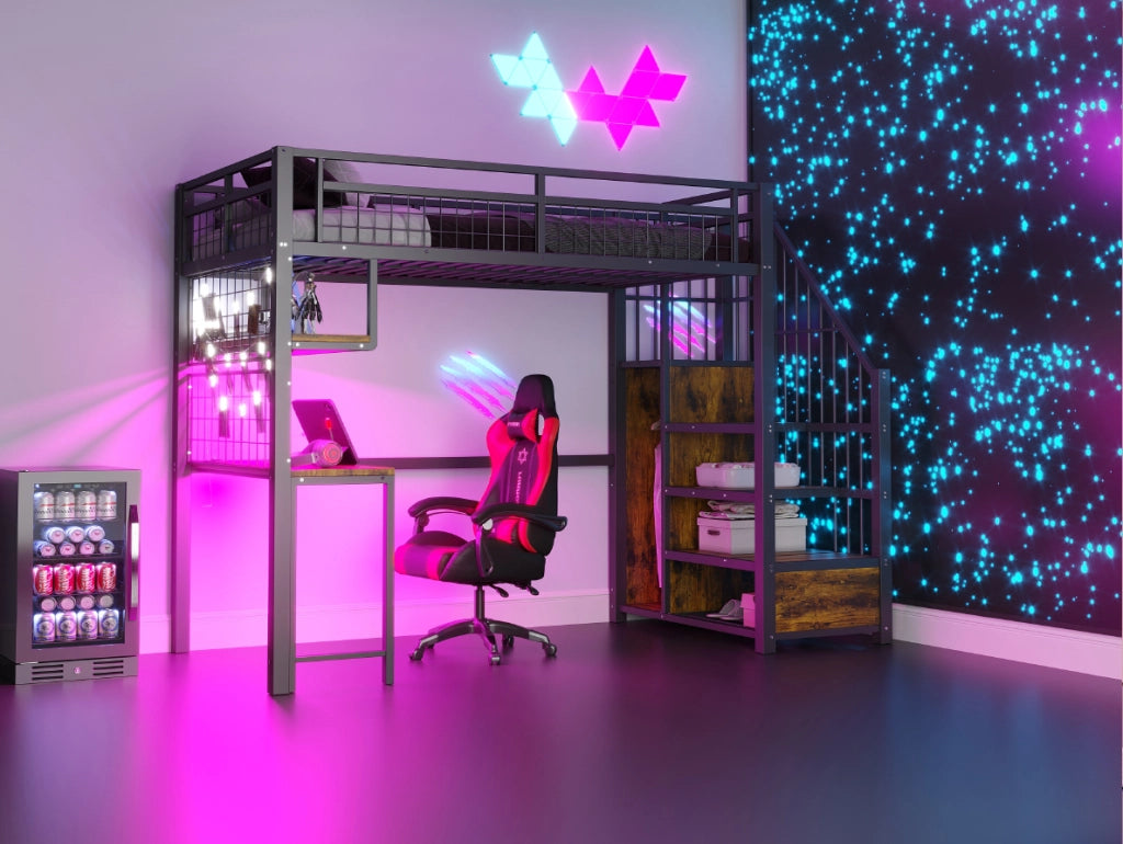 Letto a soppalco in metallo 90x200 cm con scrivania, LED, prese e scala contenitore, nero