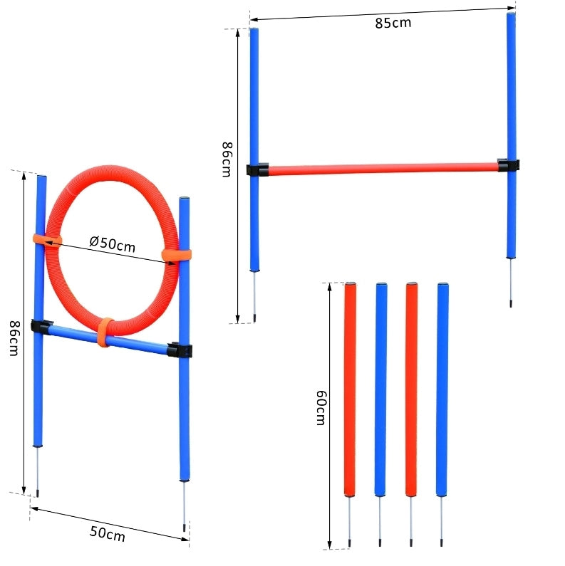 SET Agility per cani con slalom, ostacoli e anello, altezza regolabile, blu