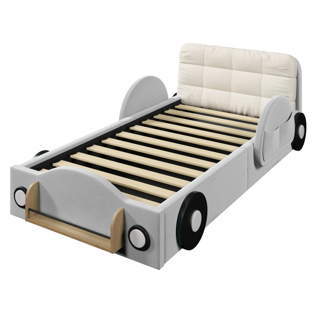 Letto contenitore 90 × 200 cm con sollevamento idraulico tasche laterali e ripiano per libri in velluto grigio