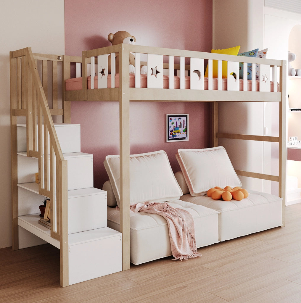 Letti a soppalco per bambini 90x200 cm con scala e rete a doghe in pino bianco e naturale per cameretta, senza materasso