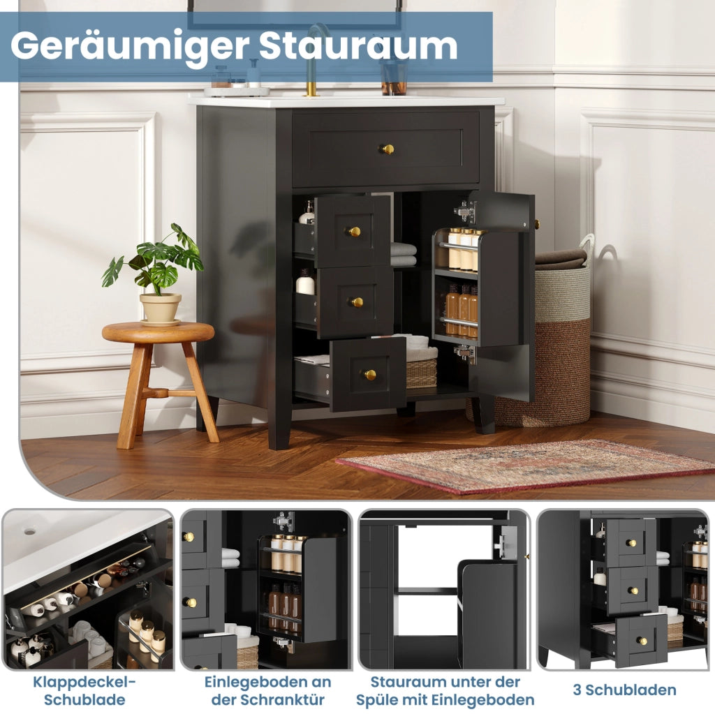 Mobile bagno da terra 61 cm nero lucido con lavabo in ceramica e cassetti