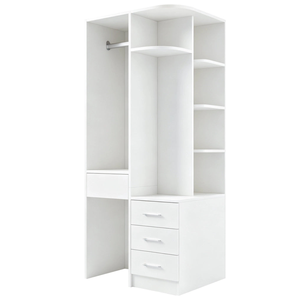 Armadio bianco e color legno con ripiani, appendiabiti e cassetti