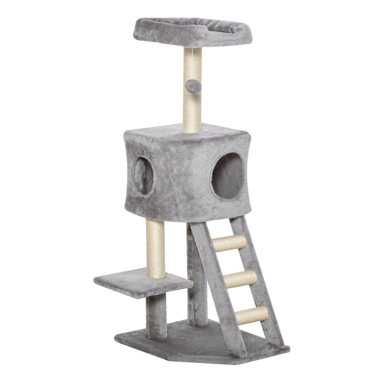 tiragraffi ad albero 120 cm grigio chiaro in peluche con cuccia, piattaforme e sisal