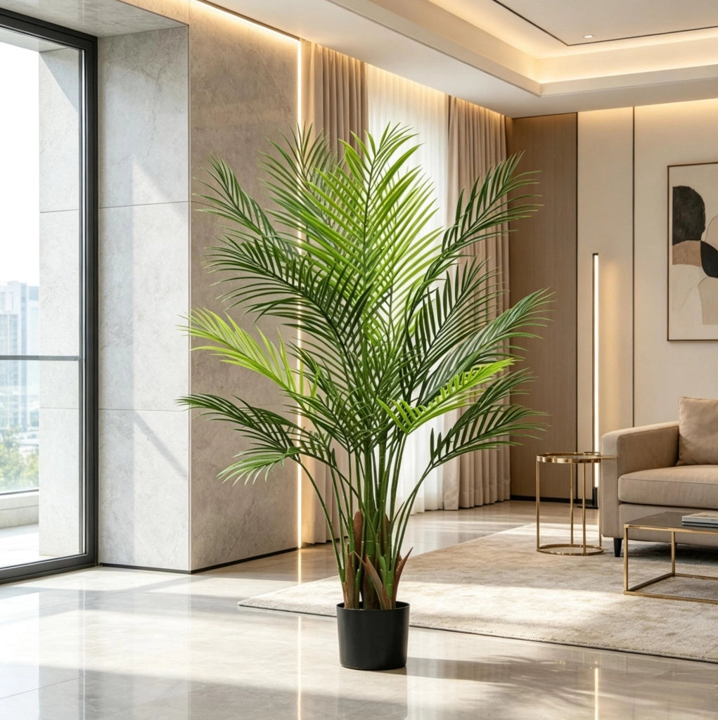 Palma Areca artificiale 120 cm con 22 foglie verdi e vaso