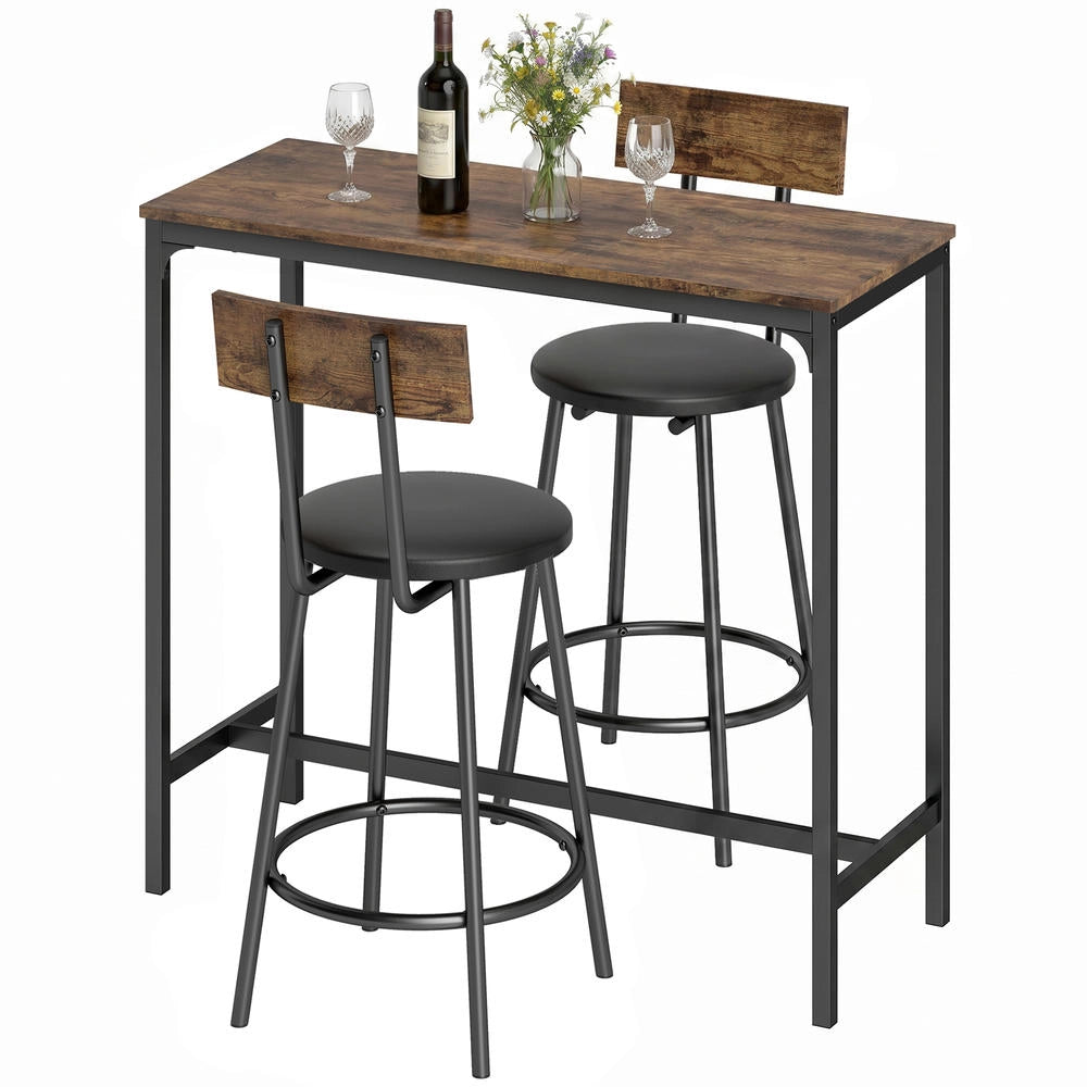 Set Tavolo da Bar con 2 Sgabelli Imbottiti in PU, Tavolo Alto Cucina Salvaspazio con Poggiapiedi, Design Moderno per Casa, Marrone