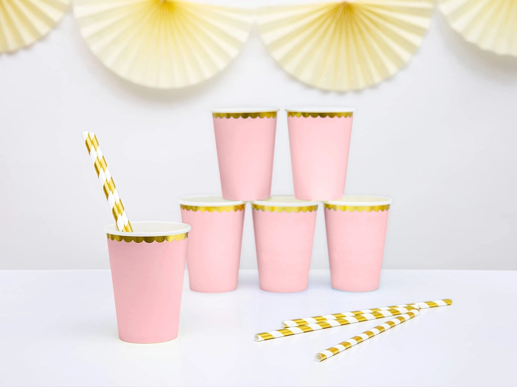 6 bicchieri di plastica rosa con bordo dorato, capacità 220 ml, monouso