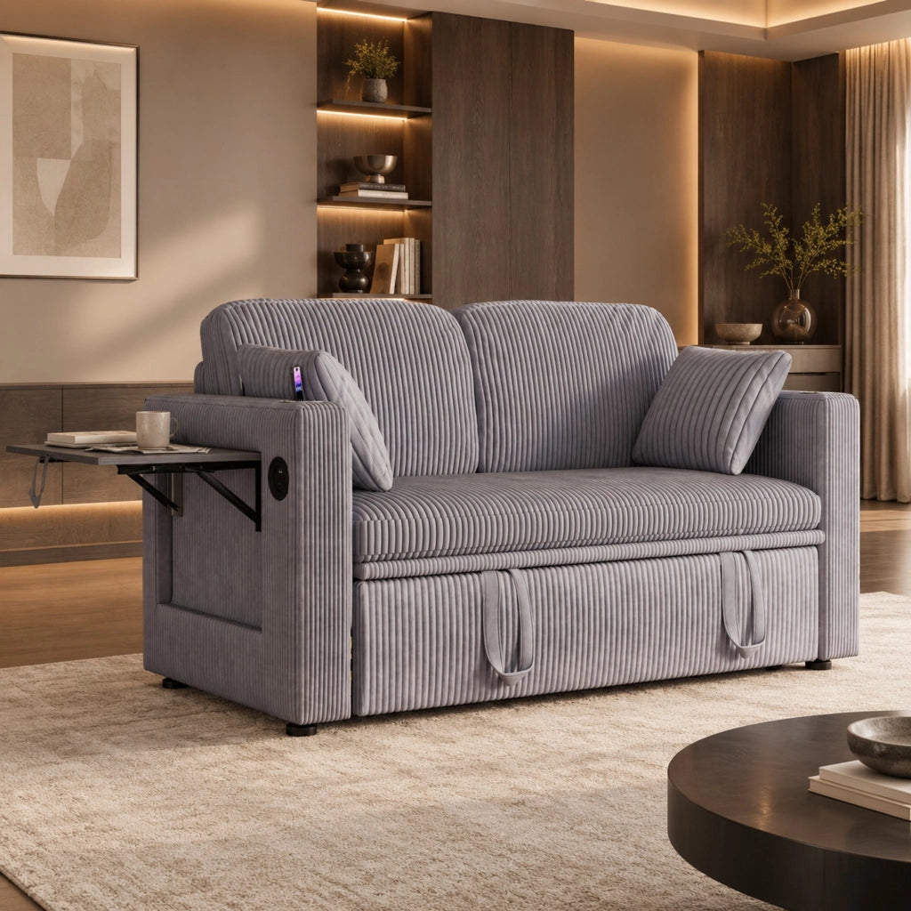 Poltrona letto 3 in 1 in velluto a coste grigio con USB