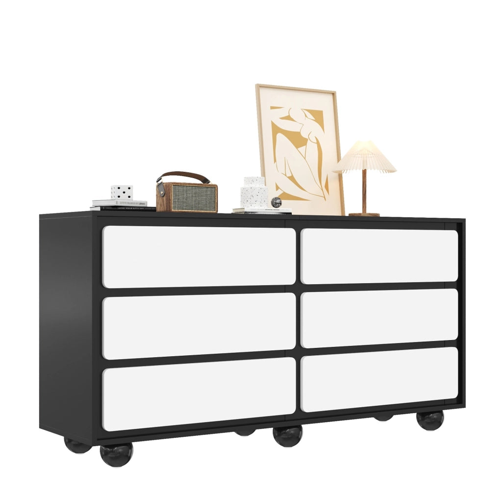 Cassettiera a sei cassetti 140x38x74,5 cm in truciolare bianco e nero