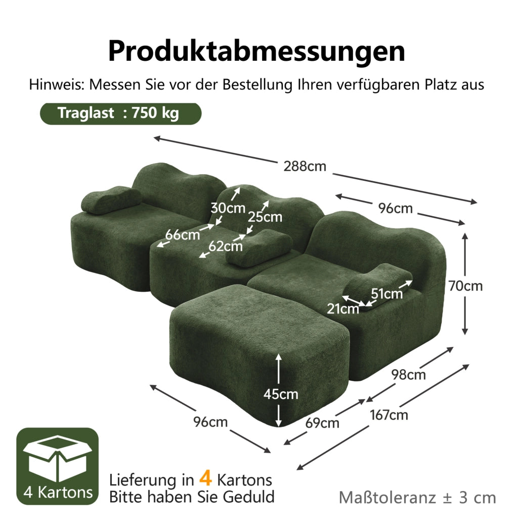 Divano angolare modulare in velluto verde con pouf