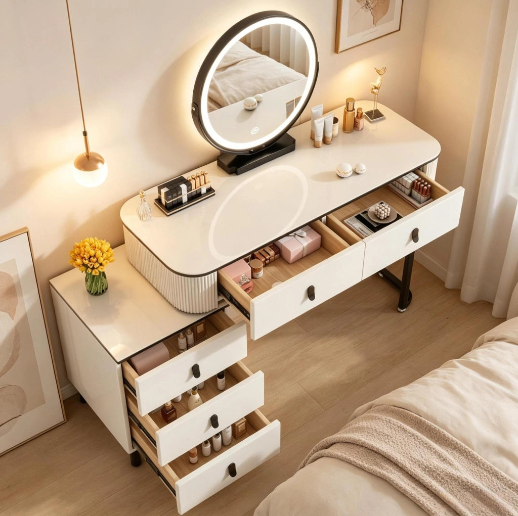 Toeletta bianca e nera con specchio LED girevole e 5 cassetti