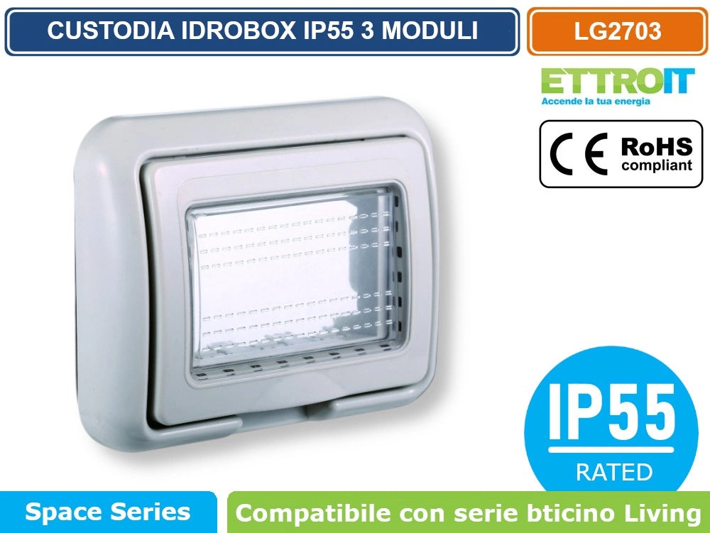 ETTROIT LG2703 PLACCA COPERTURA STAGNA 3M IDROBOX 3 MODULI GRIGIA IP55 COMPATIBILE SERIE BTICINO LIVING
