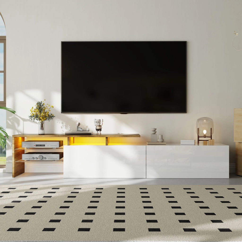 Mobile TV 170 x 33 x 33,5 cm bianco e legno, ripiani in vetro, LED