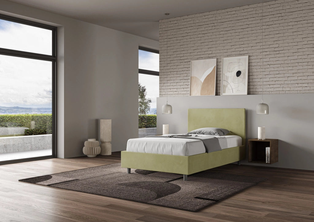 Letto Singolo Imbottito in Microfibra 100x210 Con Rete e Contenitore Adele Tè verde