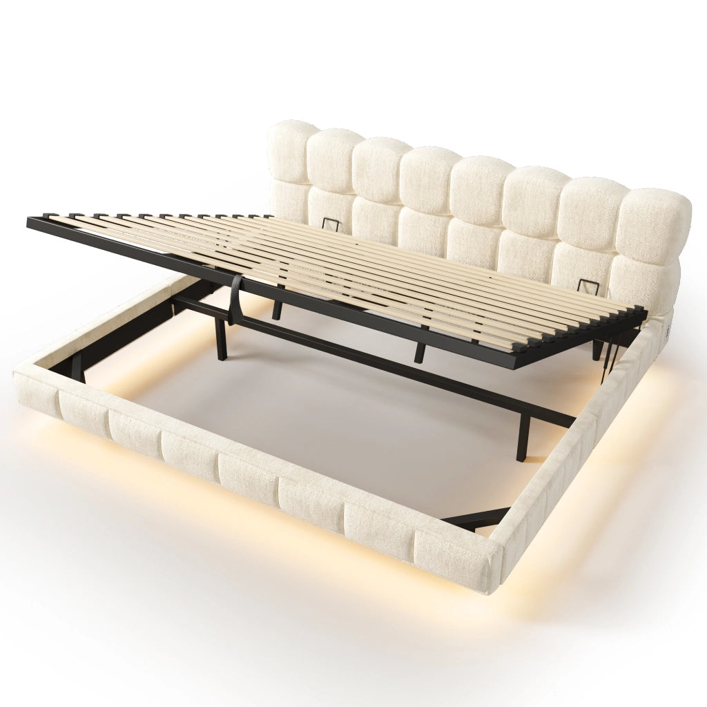 Letto Contenitore 180 x 200 cm, Letto Matrimoniale - LED, USB e Type-C - Chenille Beige