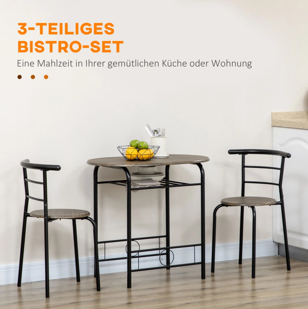 Set Bistro con Tavolo da Pranzo e 2 Sedie, 80x53x74,5 cm, Nero, Design Compatto con Ripiano