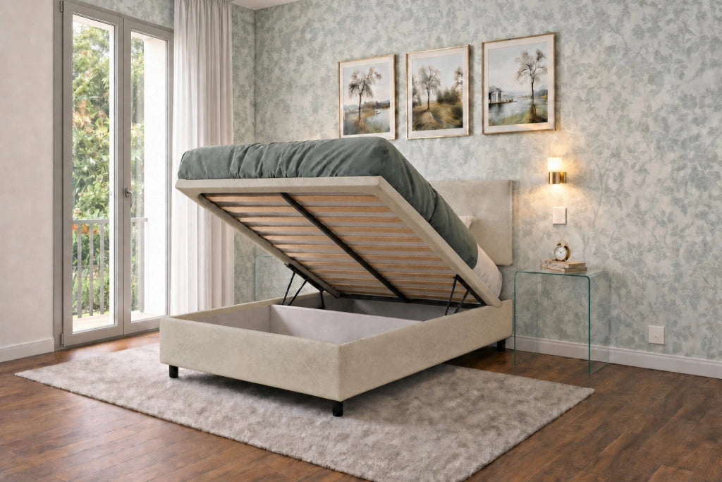 Letto 1 Piazza e Mezza Contenitore Imbottito 120x200 cm Microfibra Sabbia Boxmax Testata Flat