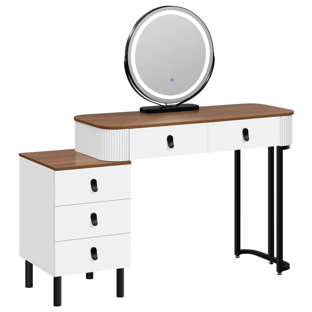 Toeletta con specchio LED Ø 45 cm e 5 cassetti, marrone e bianca