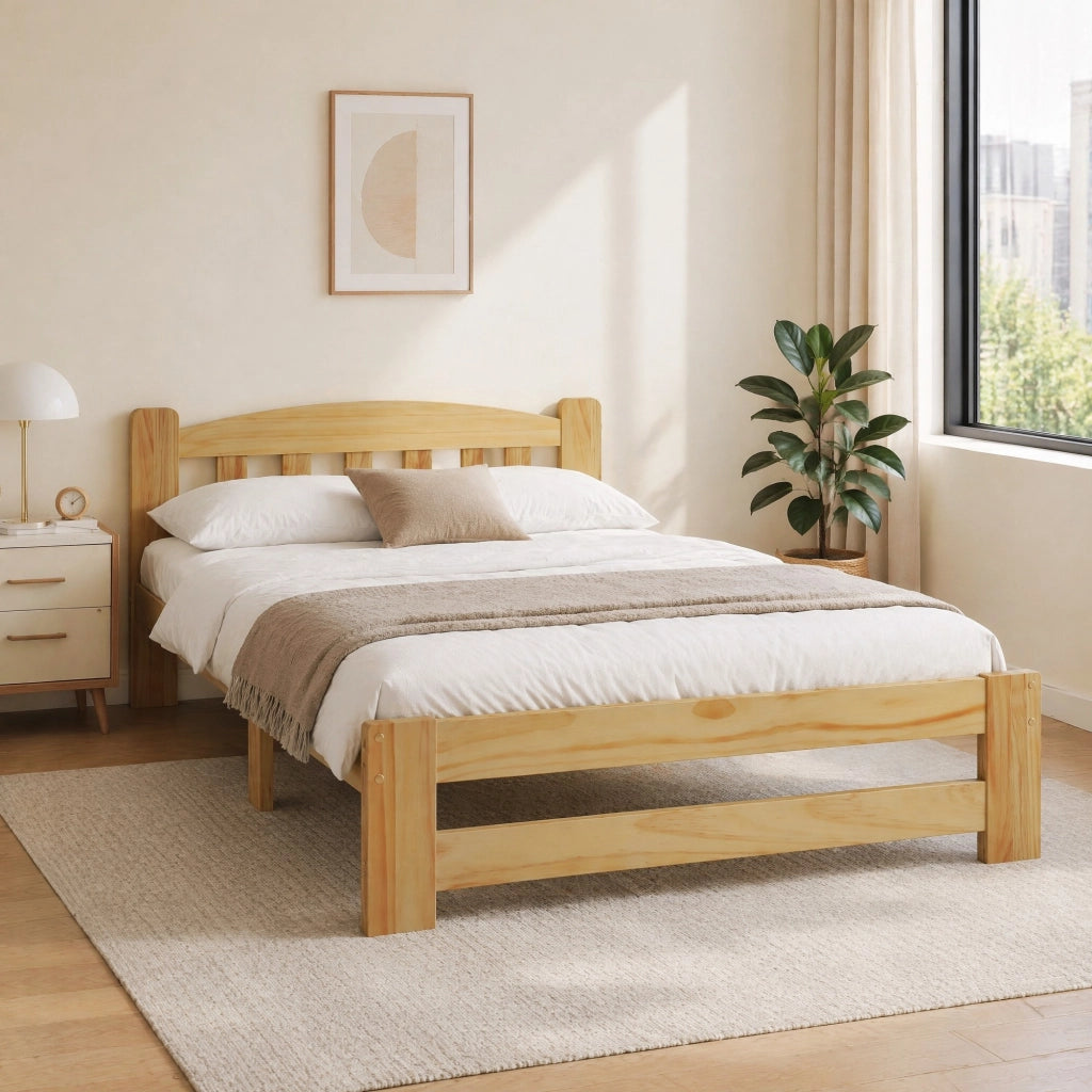 Letto singolo futon 90 × 200 cm con testiera e rete a doghe in legno color naturale con piede centrale