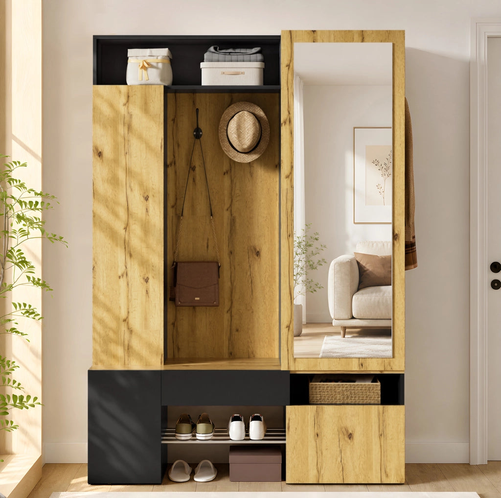 Mobile da ingresso in MDF con specchio e scarpiera nero e naturale