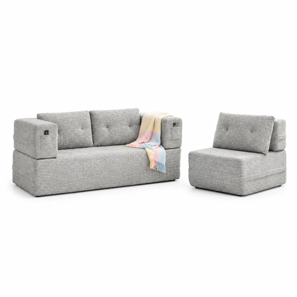 DIVANO modulare 2 posti trasformabile in letto con poltrona, grigio chiaro, set da 2 pezzi