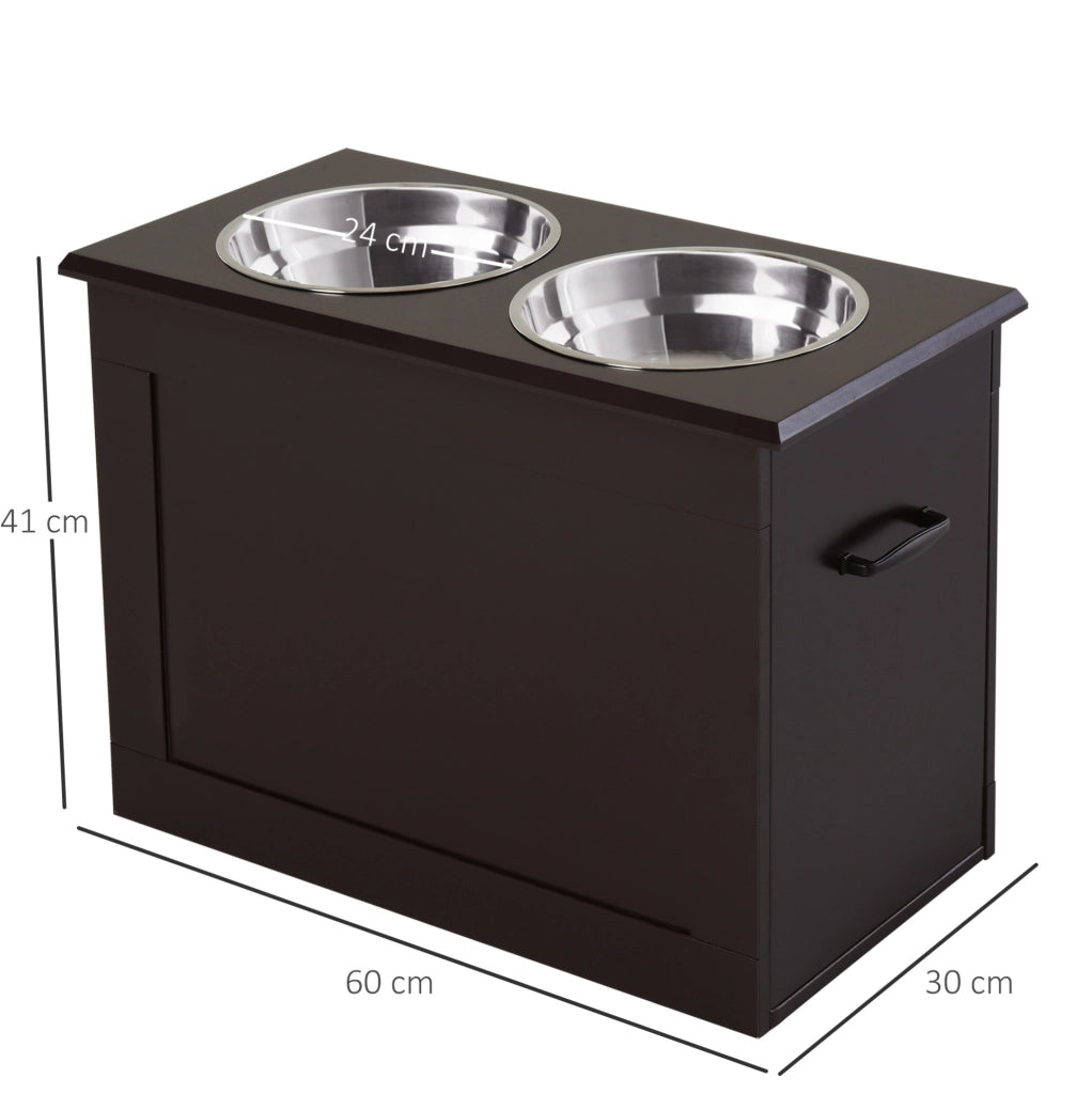 Station de Repas surélevée pour Chien 60x30x41 cm - MDF Brun avec Rangement et Gamelles