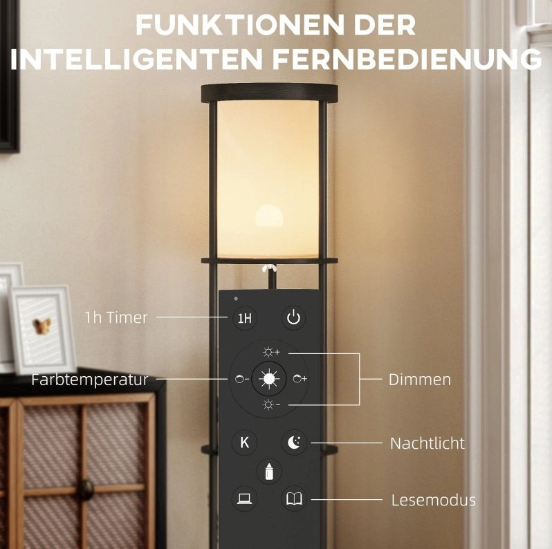 Lampada da terra nera con 3 ripiani rotondi, telecomando e luce regolabile